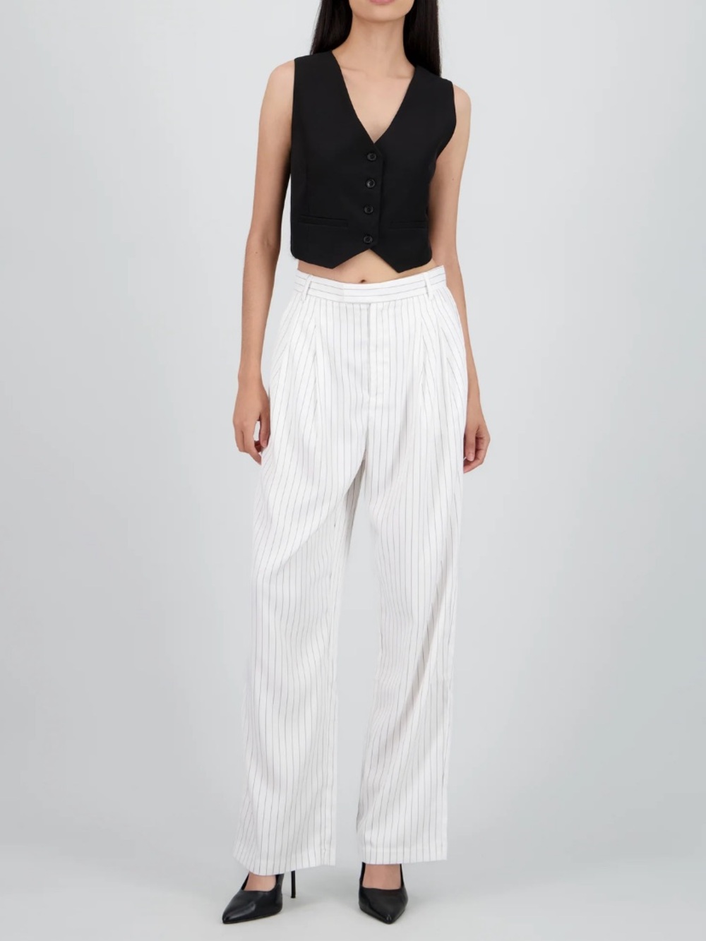 Forever 21 Black Cropped Vest with White Pinstripe Wide-Leg Pants